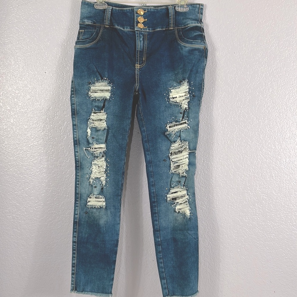 REVEL destroyed bling butt lifting shaping jeans size columbian 14 US 9